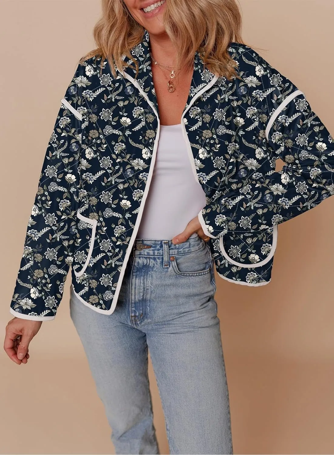 Dokotoo Warm Quilted Jackets for Women Long Sleeve Floral Print Button Down Puffer Jacket Coats with Pockets