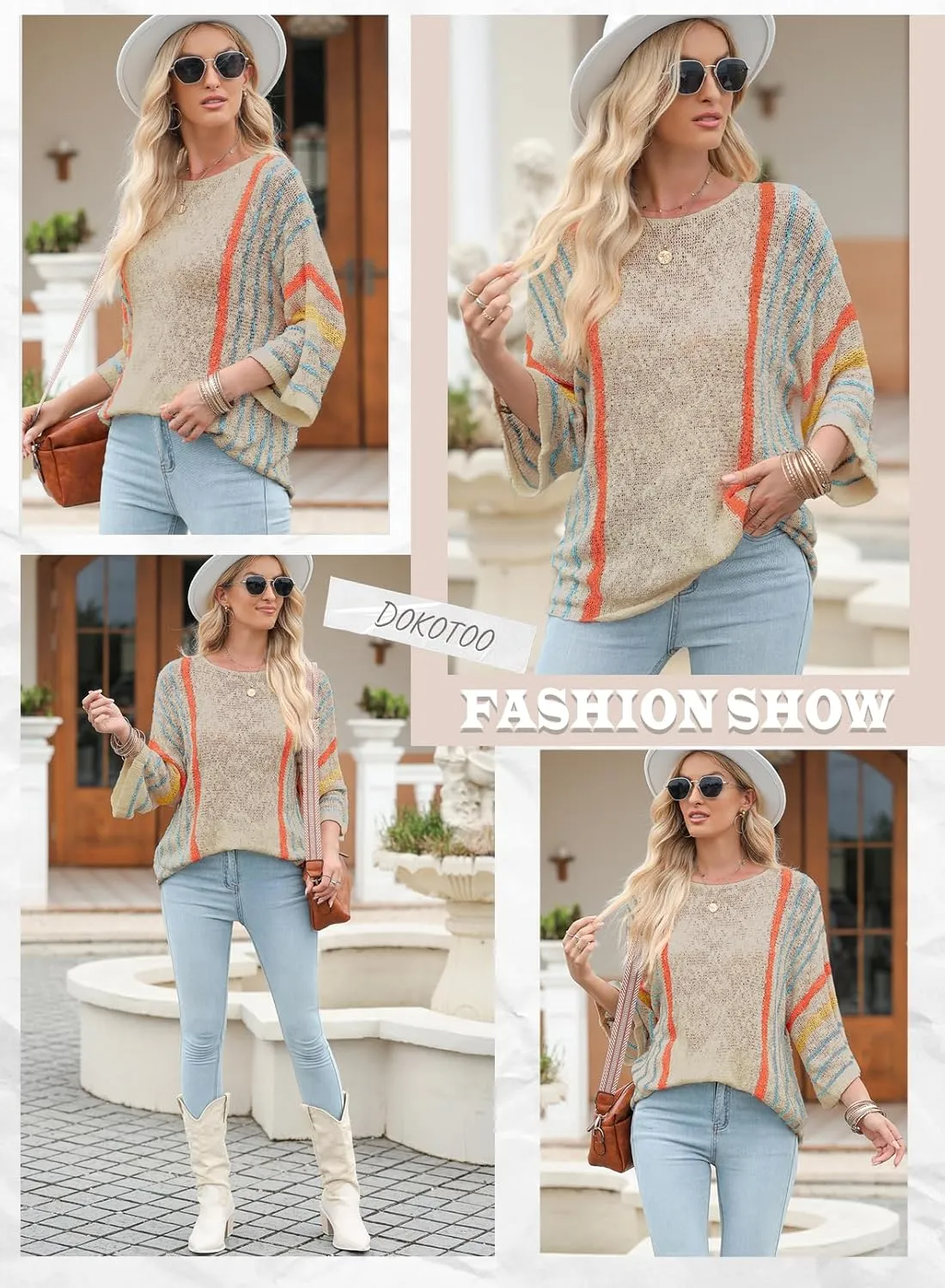 Dokotoo Womens 2025 Spring Casual Color Block Striped Lightweight Comfy Cable Knit Trendy Boho Clothes Pullover Sweaters