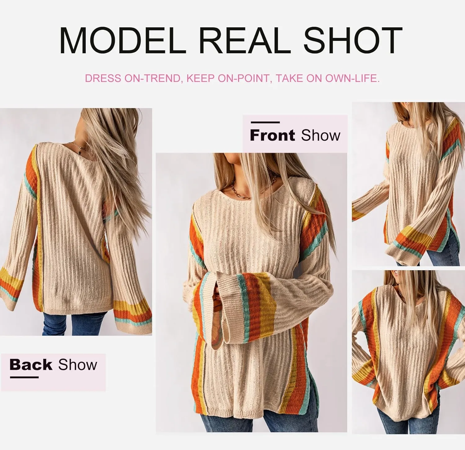 Dokotoo Womens 2025 Spring Casual Color Block Striped Lightweight Comfy Cable Knit Trendy Boho Clothes Pullover Sweaters