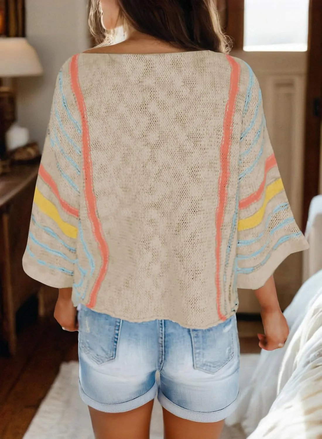 Dokotoo Womens 2025 Spring Casual Color Block Striped Lightweight Comfy Cable Knit Trendy Boho Clothes Pullover Sweaters