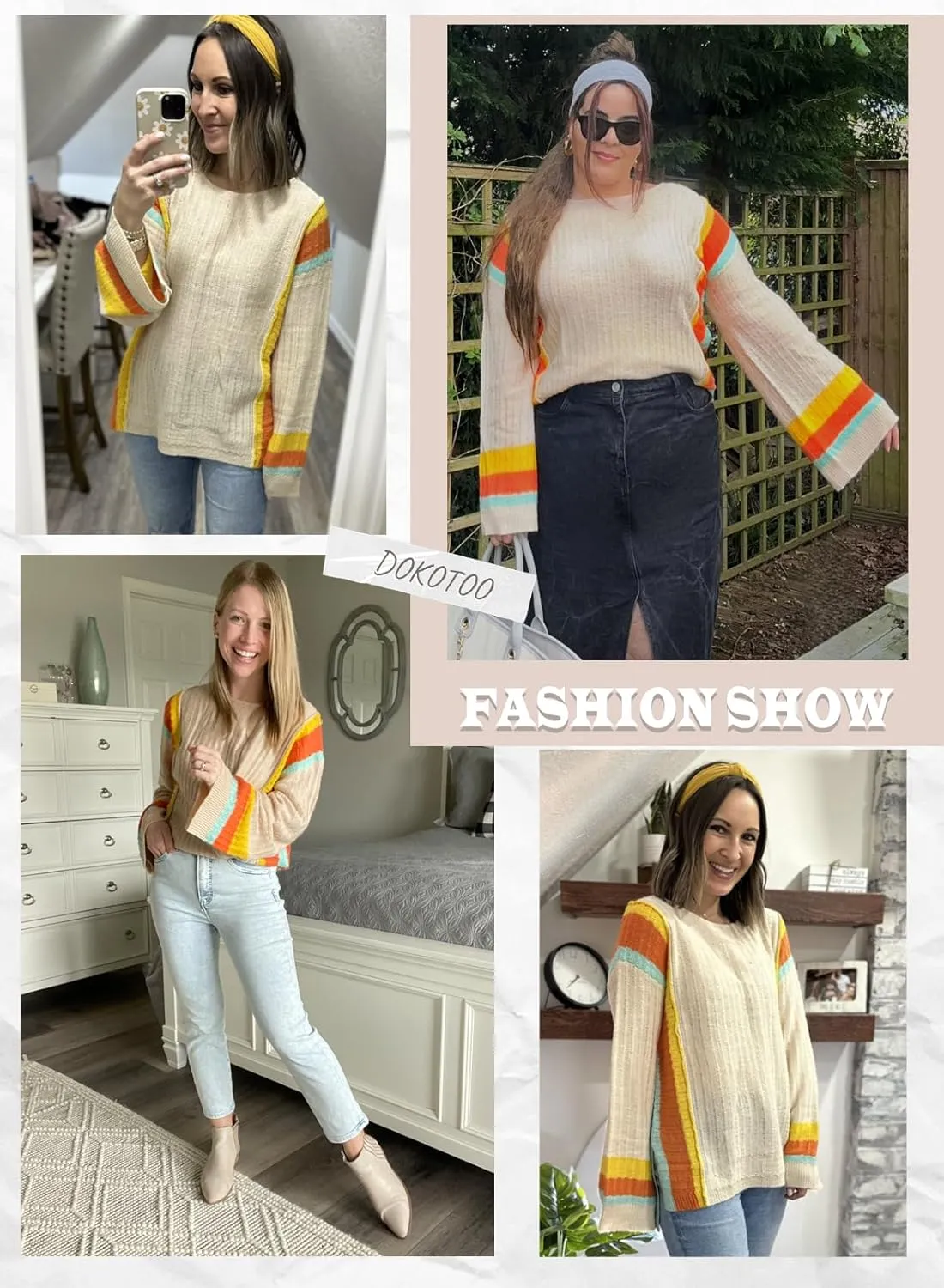 Dokotoo Womens 2025 Spring Casual Color Block Striped Lightweight Comfy Cable Knit Trendy Boho Clothes Pullover Sweaters