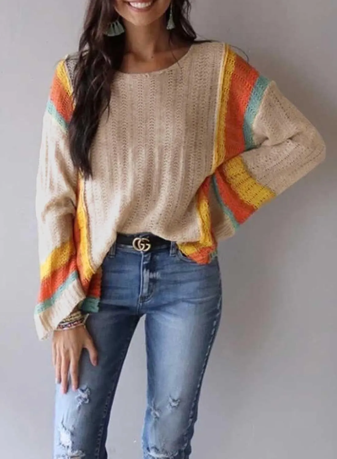 Dokotoo Womens 2025 Spring Casual Color Block Striped Lightweight Comfy Cable Knit Trendy Boho Clothes Pullover Sweaters