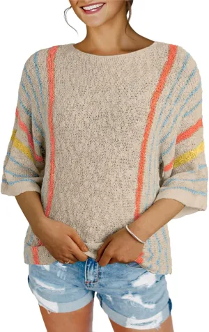 Dokotoo Womens 2025 Spring Casual Color Block Striped Lightweight Comfy Cable Knit Trendy Boho Clothes Pullover Sweaters