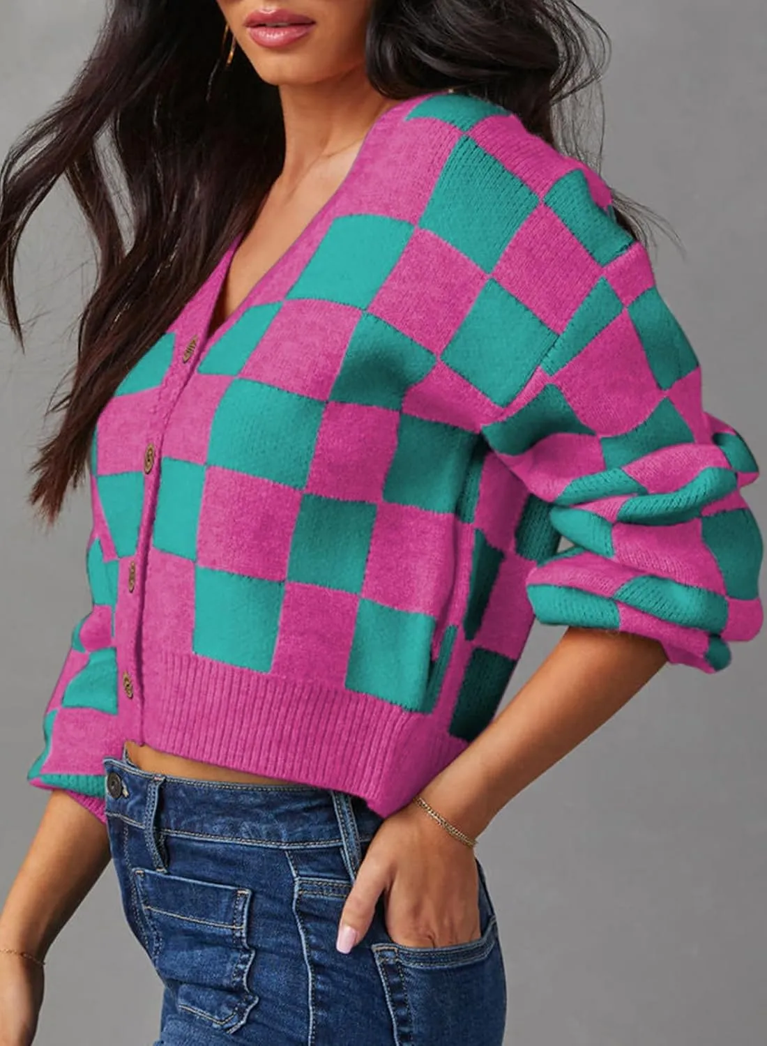 Dokotoo Womens Checkered V Neck Button Down Long Sleeve Cable Knit Cropped Cardigan Sweaters Tops