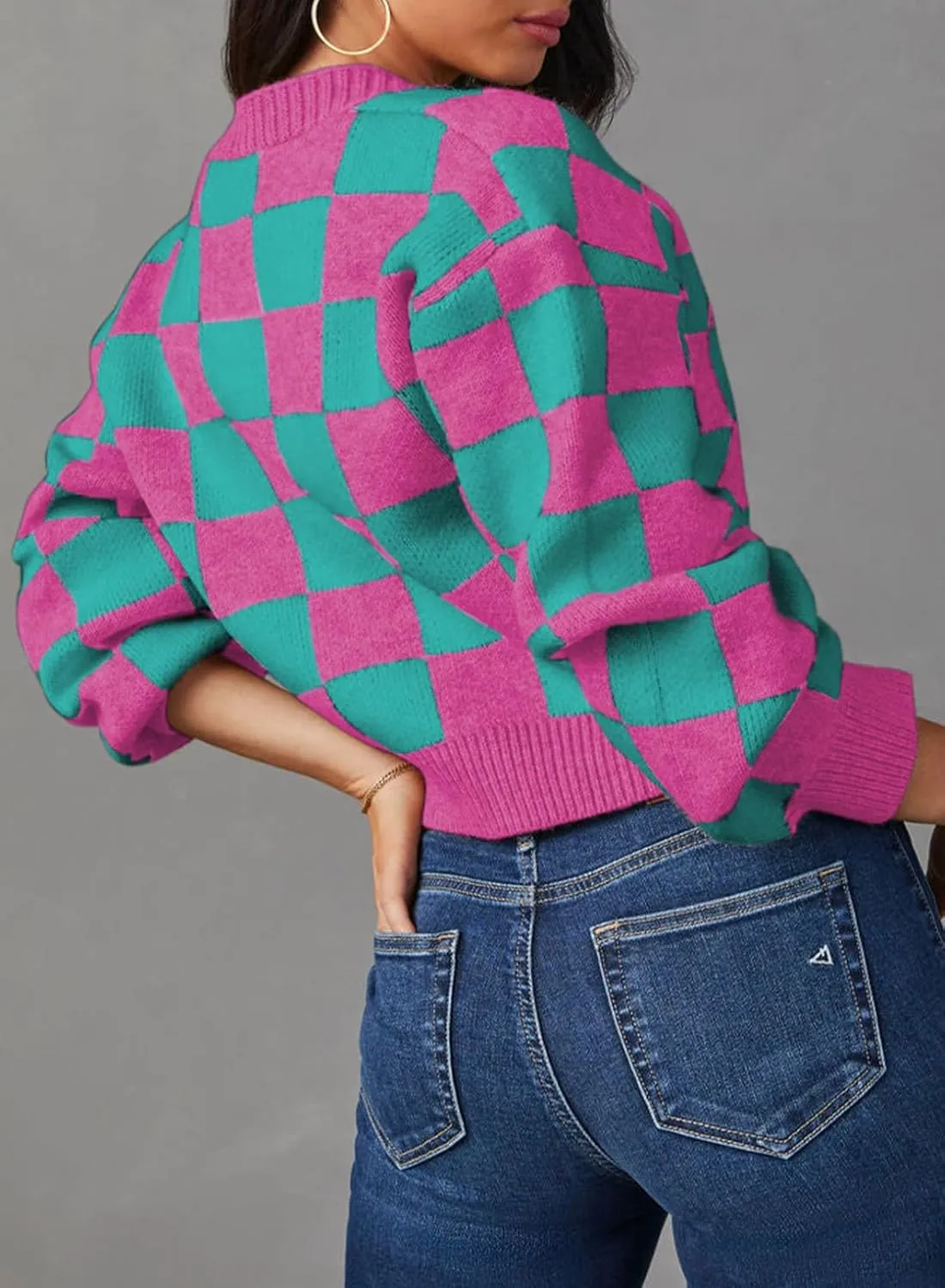 Dokotoo Womens Checkered V Neck Button Down Long Sleeve Cable Knit Cropped Cardigan Sweaters Tops