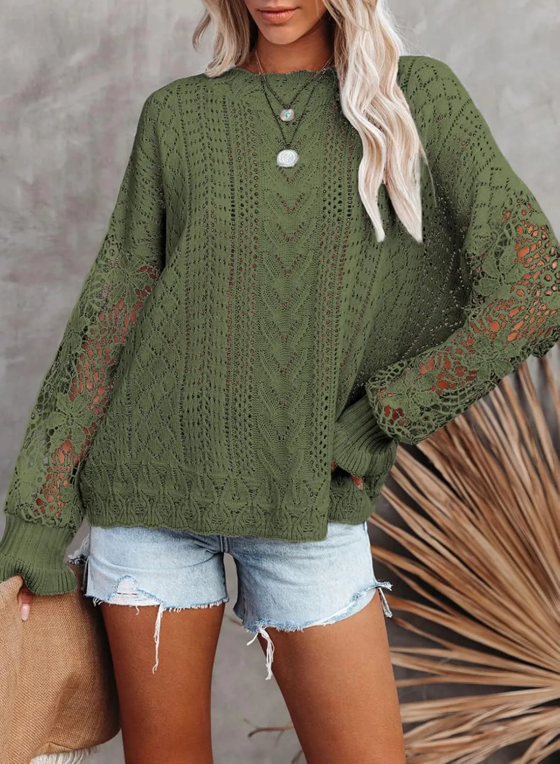 Dokotoo Womens Crewneck Crochet Lace Long Sleeve Hollow Out Cable Knit Sweaters Pullover Tops