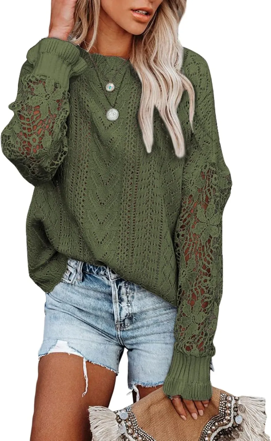 Dokotoo Womens Crewneck Crochet Lace Long Sleeve Hollow Out Cable Knit Sweaters Pullover Tops