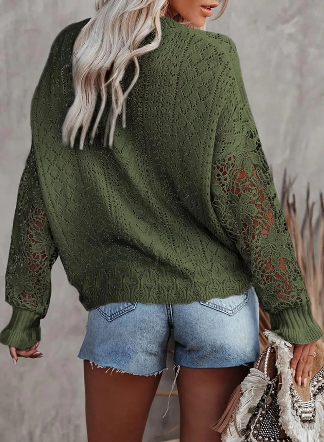 Dokotoo Womens Crewneck Crochet Lace Long Sleeve Hollow Out Cable Knit Sweaters Pullover Tops