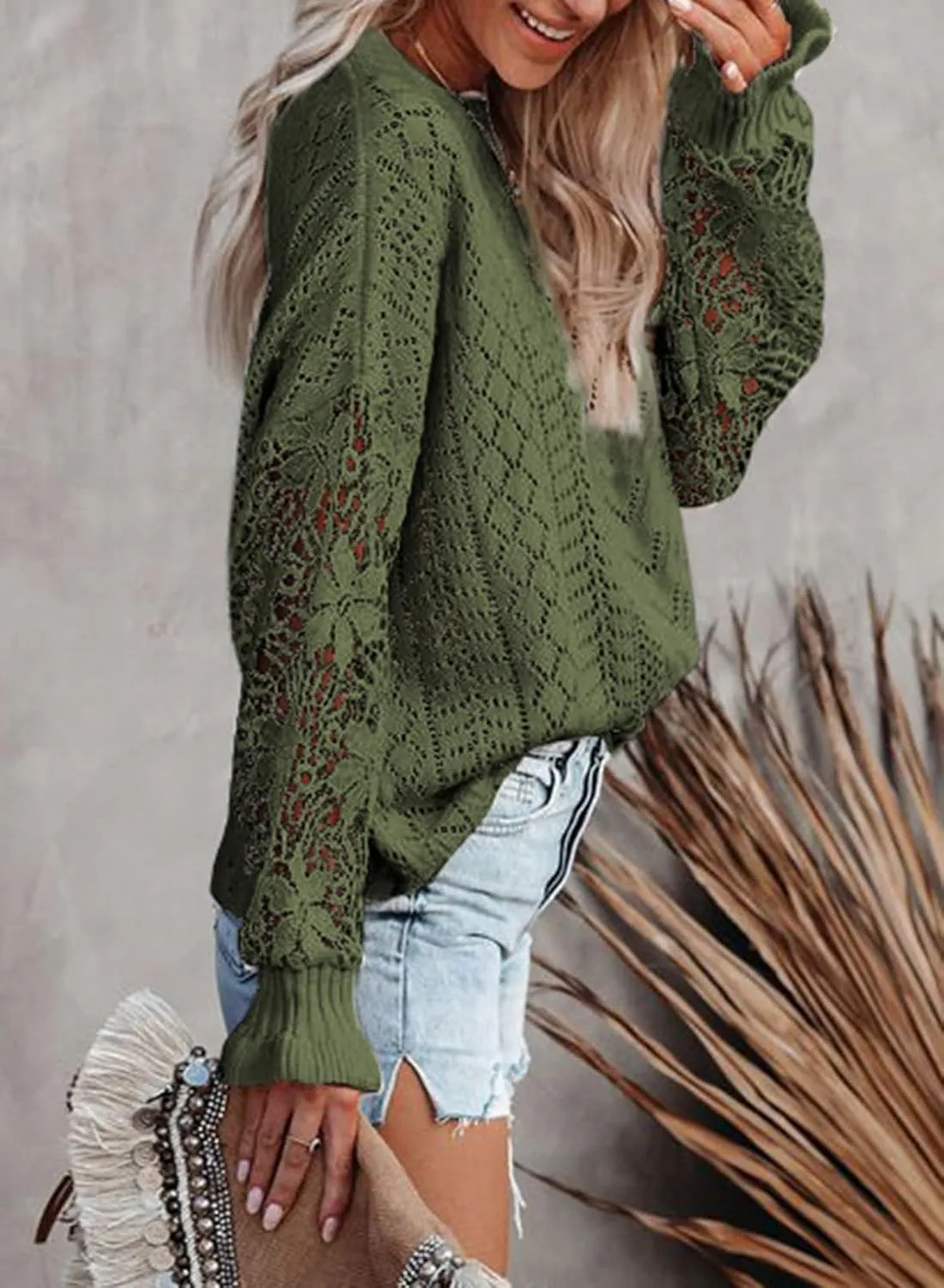 Dokotoo Womens Crewneck Crochet Lace Long Sleeve Hollow Out Cable Knit Sweaters Pullover Tops