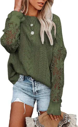 Dokotoo Womens Crewneck Crochet Lace Long Sleeve Hollow Out Cable Knit Sweaters Pullover Tops