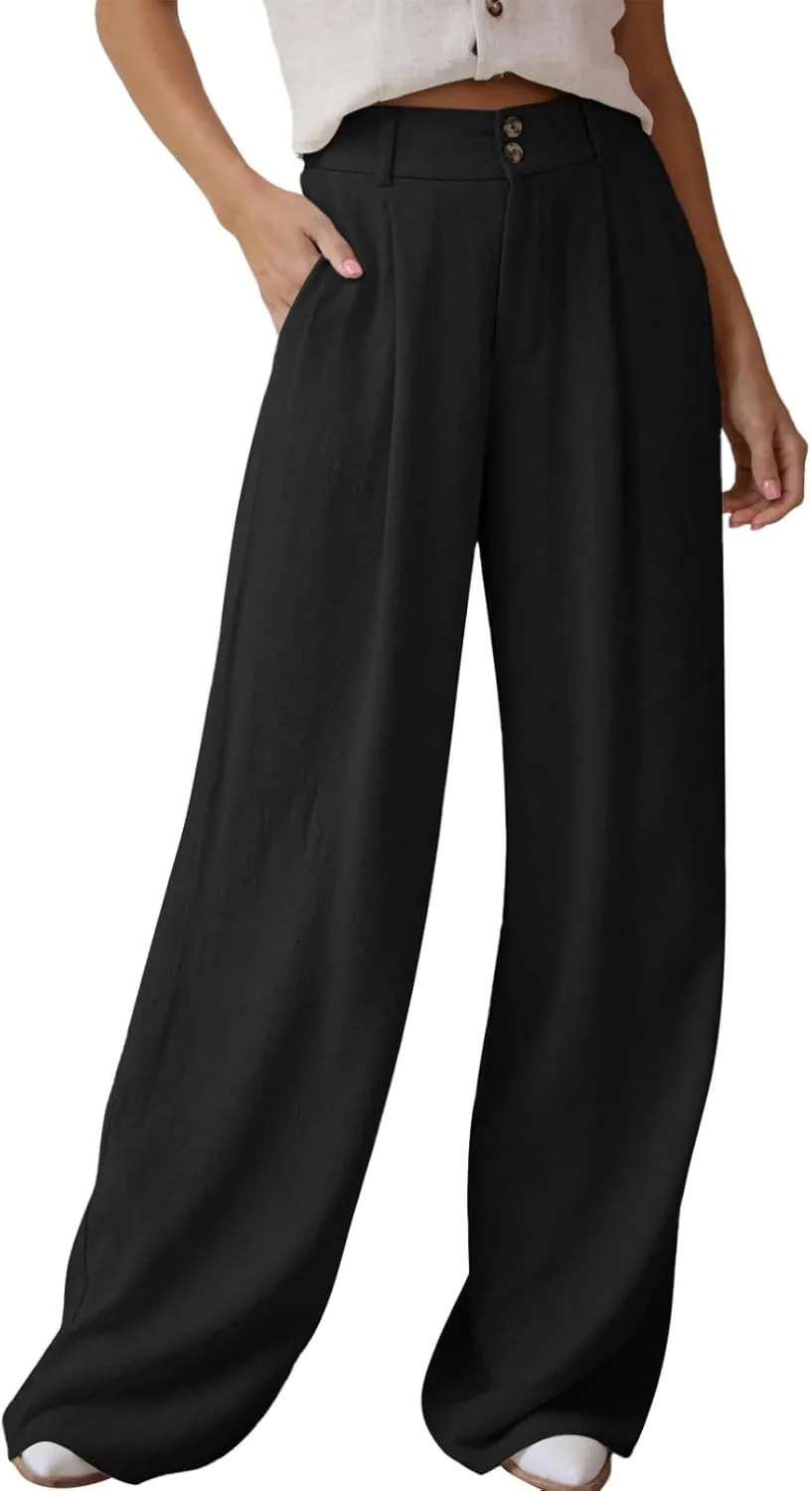 Dokotoo Womens Linen Pants Casual Loose Wide Leg Pants for Women Elastic Waist Palazzo Pants Trousers with Pockets