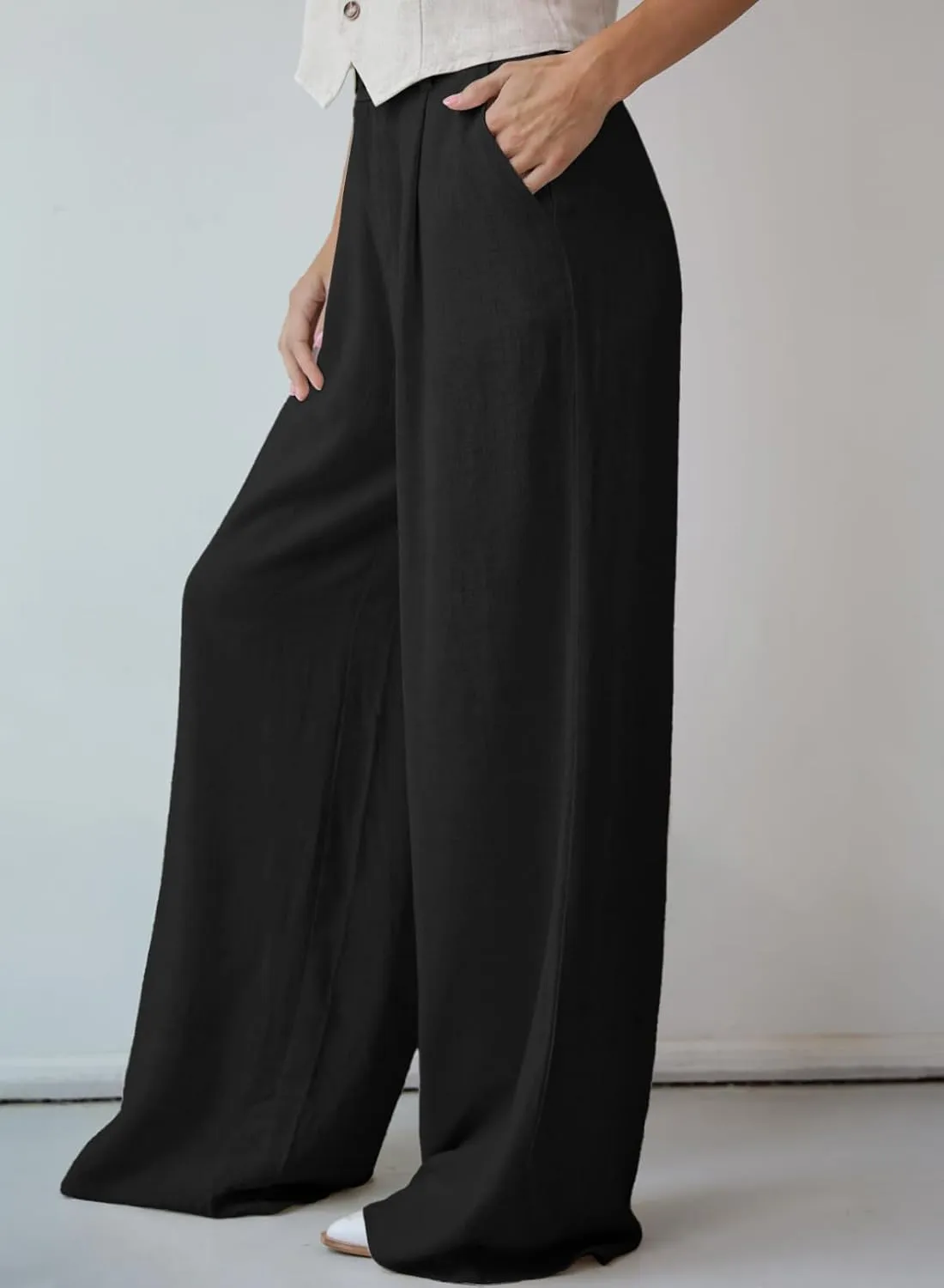 Dokotoo Womens Linen Pants Casual Loose Wide Leg Pants for Women Elastic Waist Palazzo Pants Trousers with Pockets