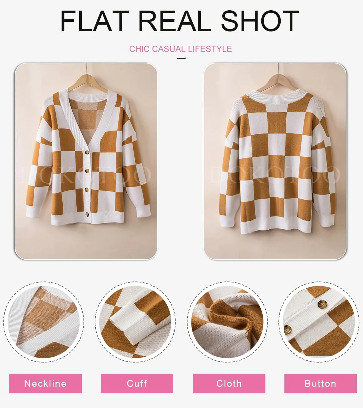 Dokotoo Womens Plaid V Neck Button Down Long Sleeve Cable Knit Oversized Cardigan Sweaters Tops