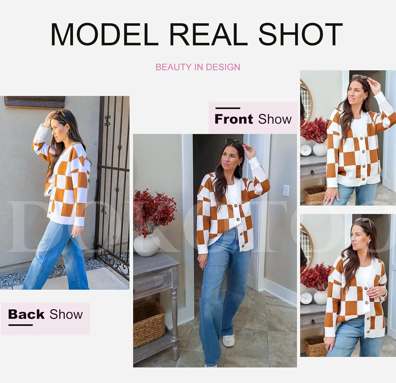 Dokotoo Womens Plaid V Neck Button Down Long Sleeve Cable Knit Oversized Cardigan Sweaters Tops