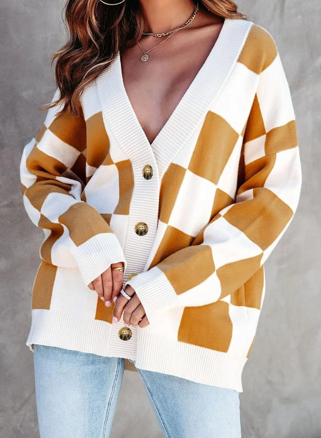 Dokotoo Womens Plaid V Neck Button Down Long Sleeve Cable Knit Oversized Cardigan Sweaters Tops