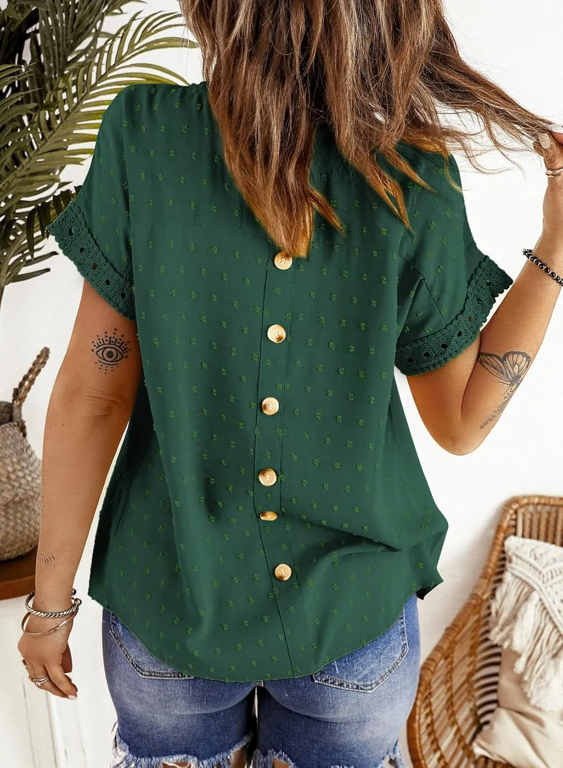 Dokotoo Womens Summer Tops Crewneck Lace Crochet Short Sleeve Shirts Casual Chiffon Blouses