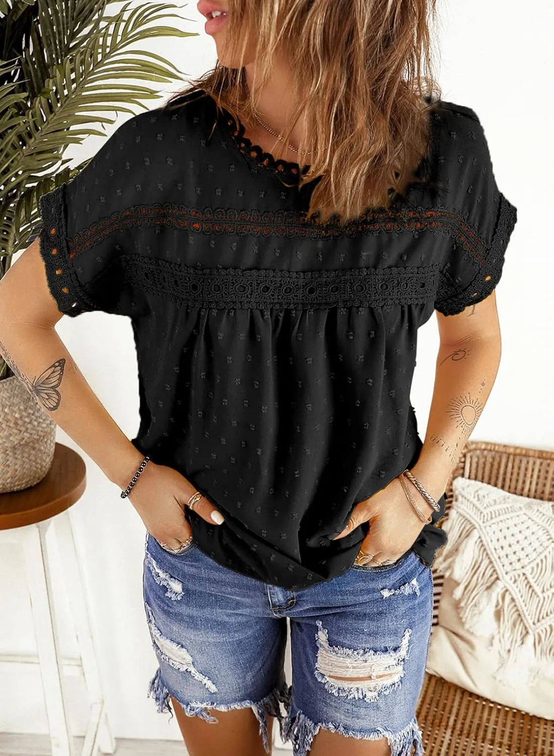 Dokotoo Womens Summer Tops Crewneck Lace Crochet Short Sleeve Shirts Casual Chiffon Blouses