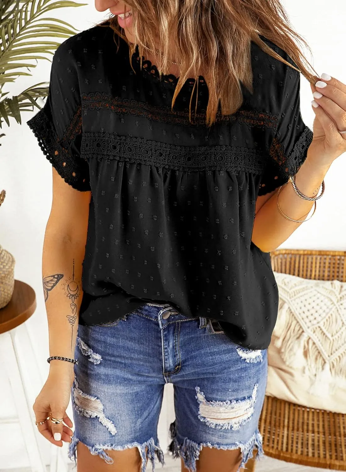 Dokotoo Womens Summer Tops Crewneck Lace Crochet Short Sleeve Shirts Casual Chiffon Blouses