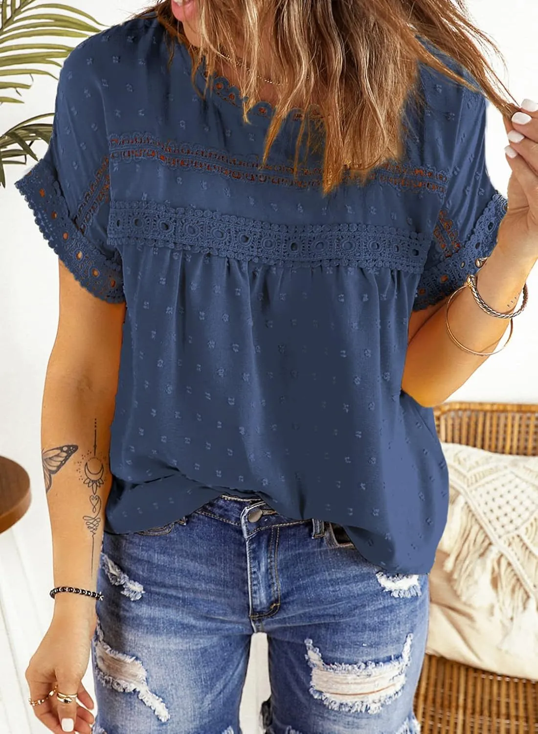 Dokotoo Womens Summer Tops Crewneck Lace Crochet Short Sleeve Shirts Casual Chiffon Blouses