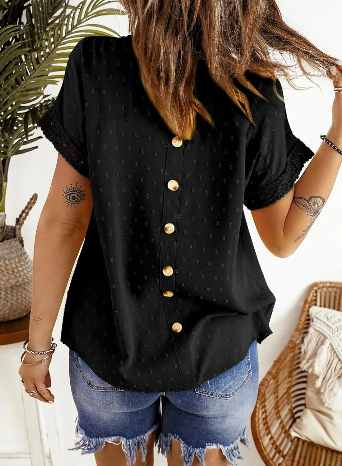 Dokotoo Womens Summer Tops Crewneck Lace Crochet Short Sleeve Shirts Casual Chiffon Blouses