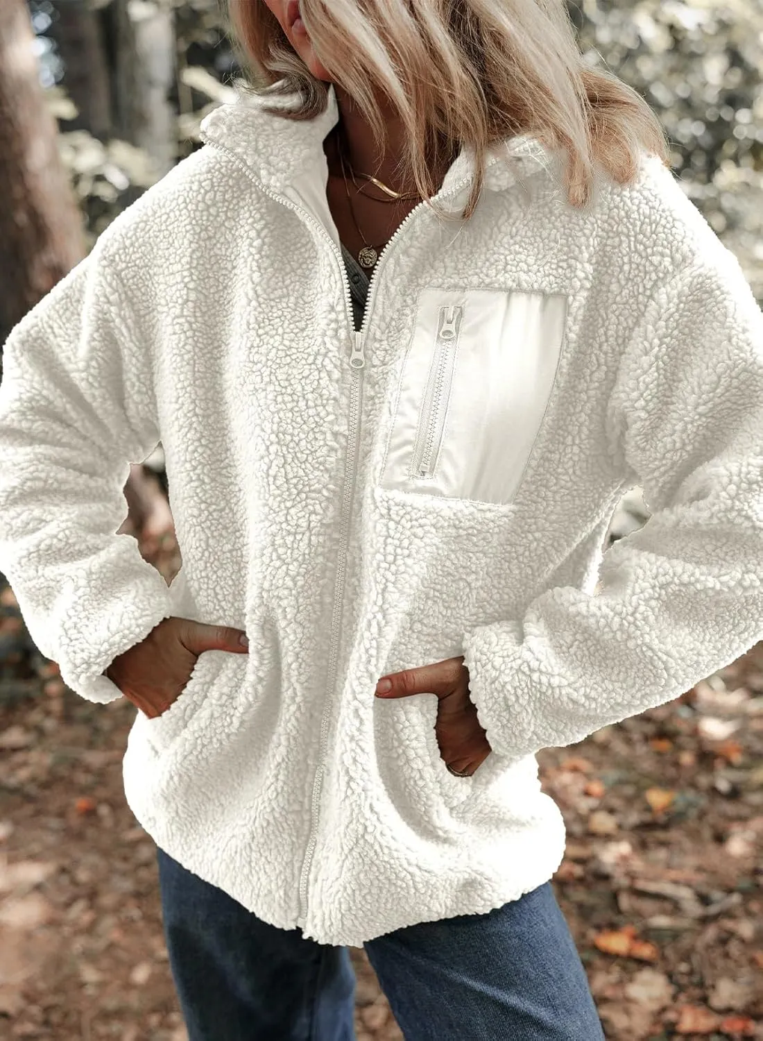 Dokotoo Womens Winter Trendy Full Zipper Fleece Jackets Long Sleeve Relaxed Warm Teddy Coats with Pockets