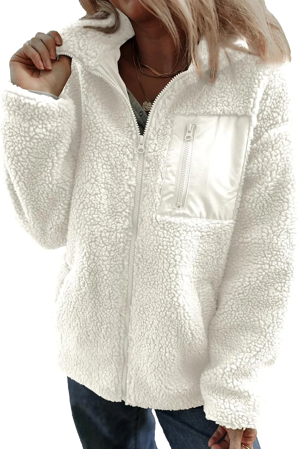 Dokotoo Womens Winter Trendy Full Zipper Fleece Jackets Long Sleeve Relaxed Warm Teddy Coats with Pockets