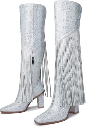 DOREENDORIS Fringe Boots for Women Rhinestone Knee High Boots Square Toe Side Zipper Chunky Heel Sparkly Boots