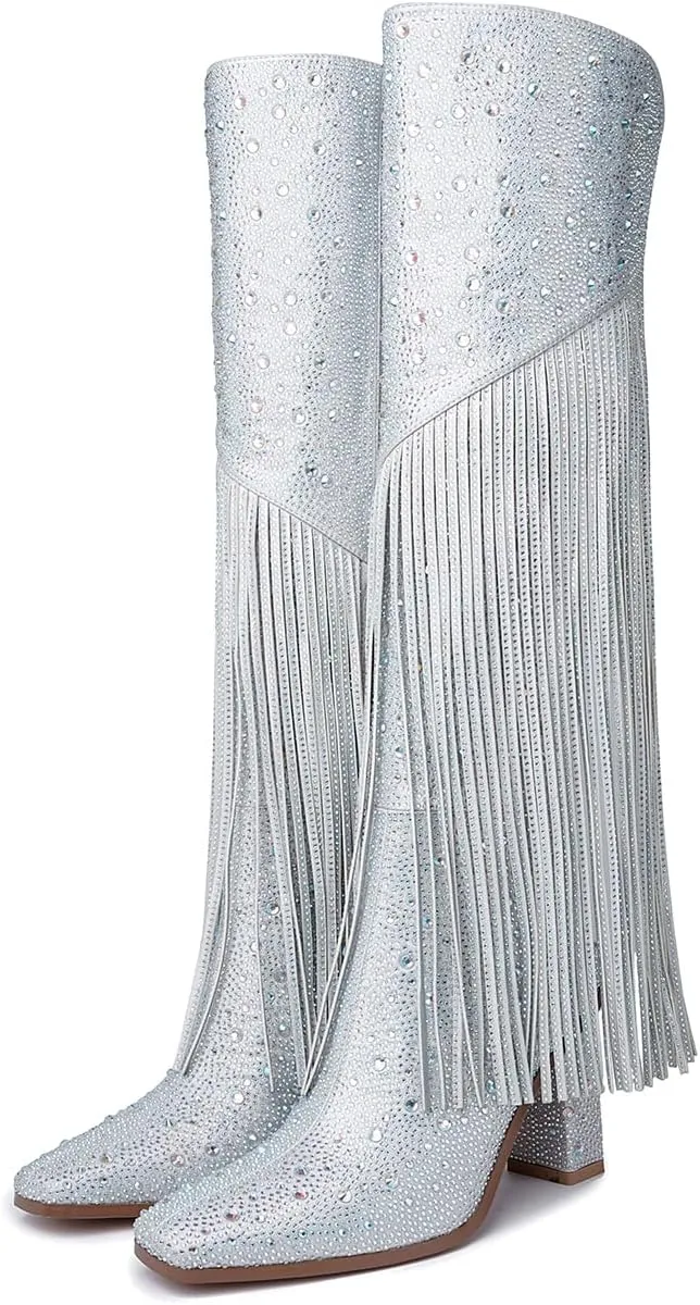 DOREENDORIS Fringe Boots for Women Rhinestone Knee High Boots Square Toe Side Zipper Chunky Heel Sparkly Boots