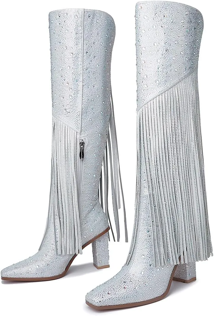 DOREENDORIS Fringe Boots for Women Rhinestone Knee High Boots Square Toe Side Zipper Chunky Heel Sparkly Boots