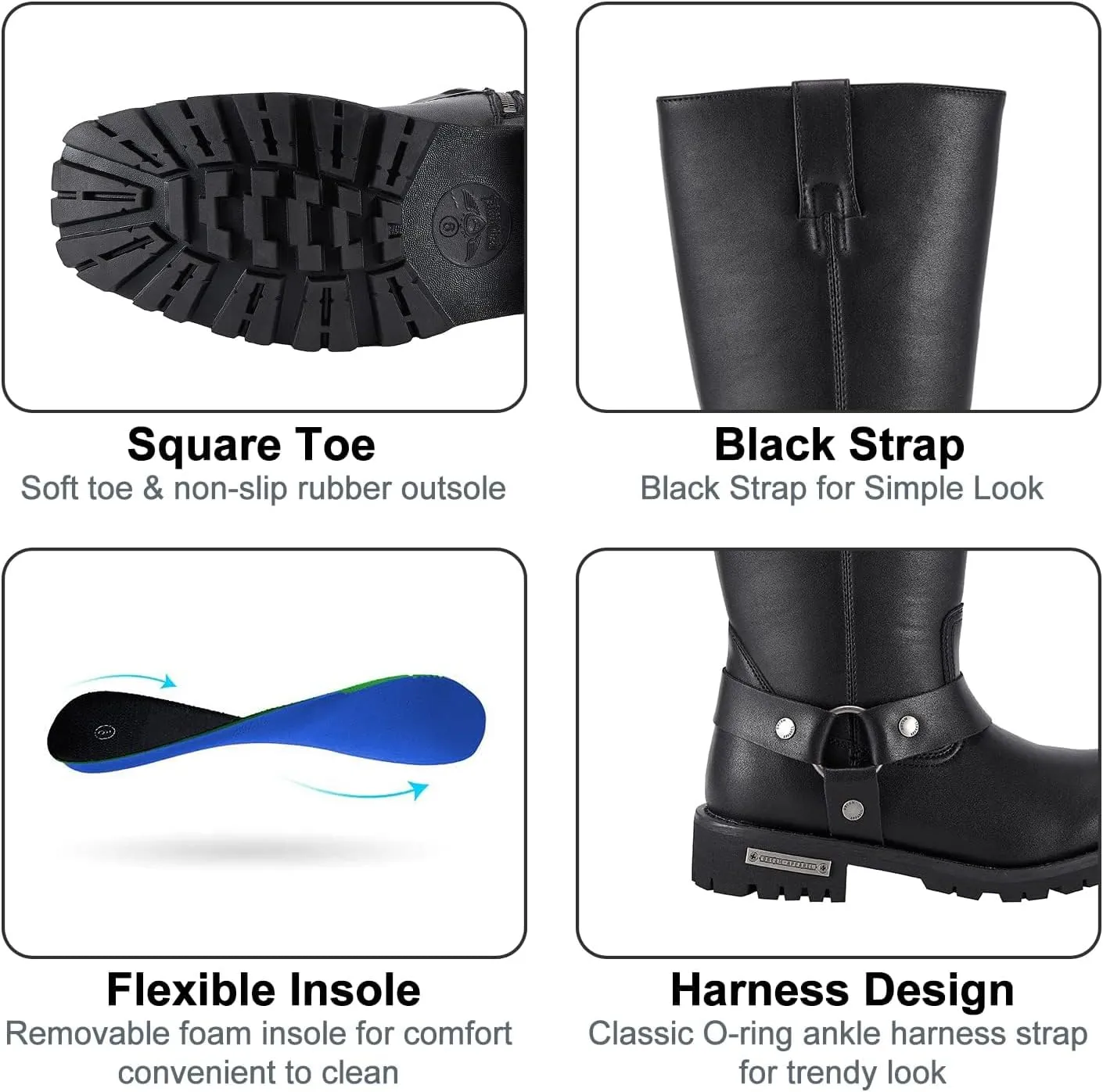 Dream Apparel Men's 12" Harness Motorcycle Boots for Riding, Square Toe Biker Boots, Knee High Boots with Full Length Side Zipper, Black PU Leather Mid Calf Boots