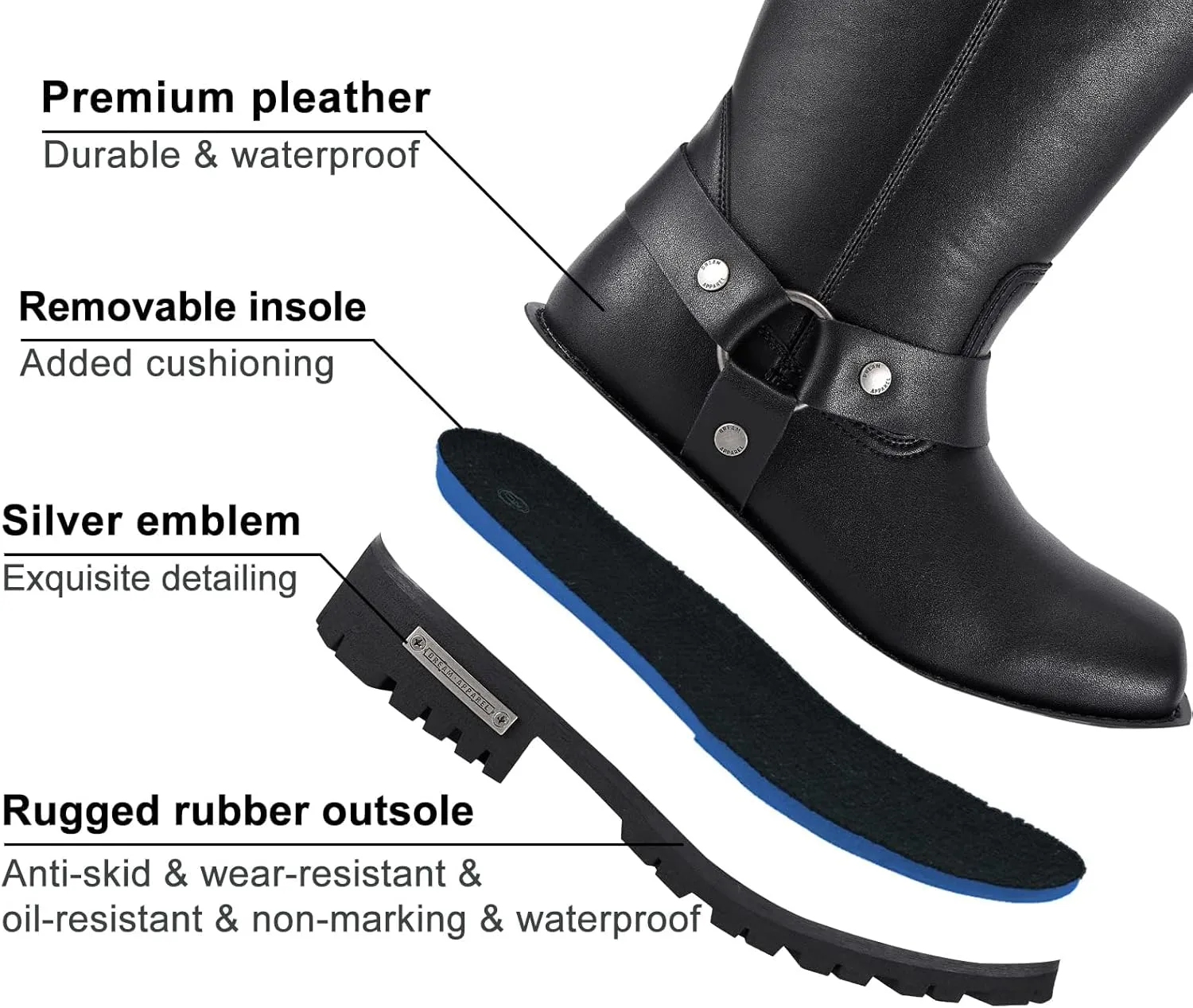 Dream Apparel Men's 12" Harness Motorcycle Boots for Riding, Square Toe Biker Boots, Knee High Boots with Full Length Side Zipper, Black PU Leather Mid Calf Boots
