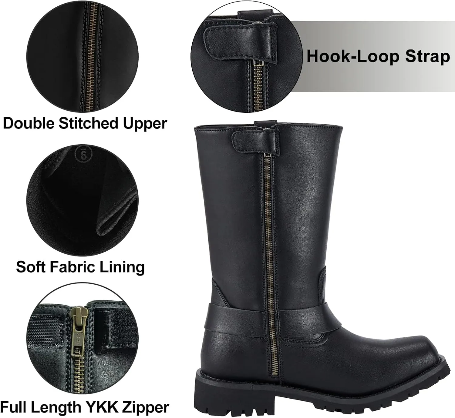 Dream Apparel Men's 12" Harness Motorcycle Boots for Riding, Square Toe Biker Boots, Knee High Boots with Full Length Side Zipper, Black PU Leather Mid Calf Boots