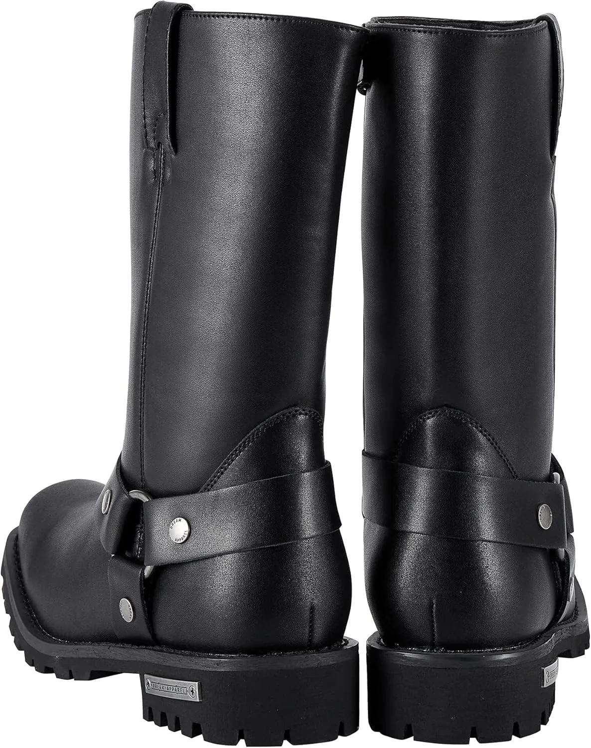 Dream Apparel Men's 12" Harness Motorcycle Boots for Riding, Square Toe Biker Boots, Knee High Boots with Full Length Side Zipper, Black PU Leather Mid Calf Boots