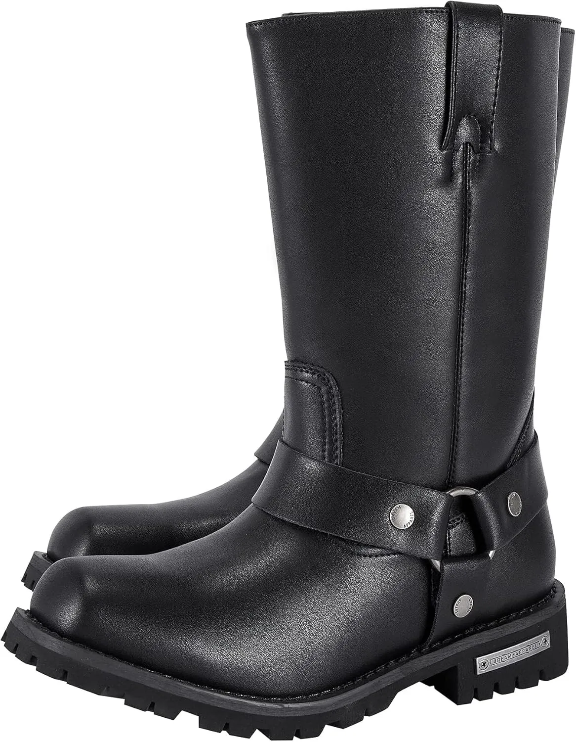 Dream Apparel Men's 12" Harness Motorcycle Boots for Riding, Square Toe Biker Boots, Knee High Boots with Full Length Side Zipper, Black PU Leather Mid Calf Boots