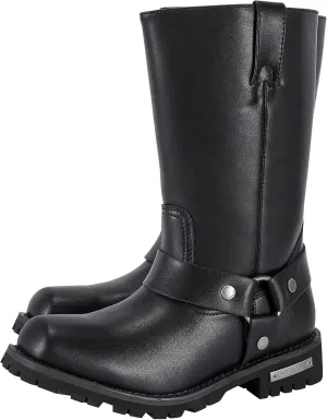 Dream Apparel Men's 12" Harness Motorcycle Boots for Riding, Square Toe Biker Boots, Knee High Boots with Full Length Side Zipper, Black PU Leather Mid Calf Boots