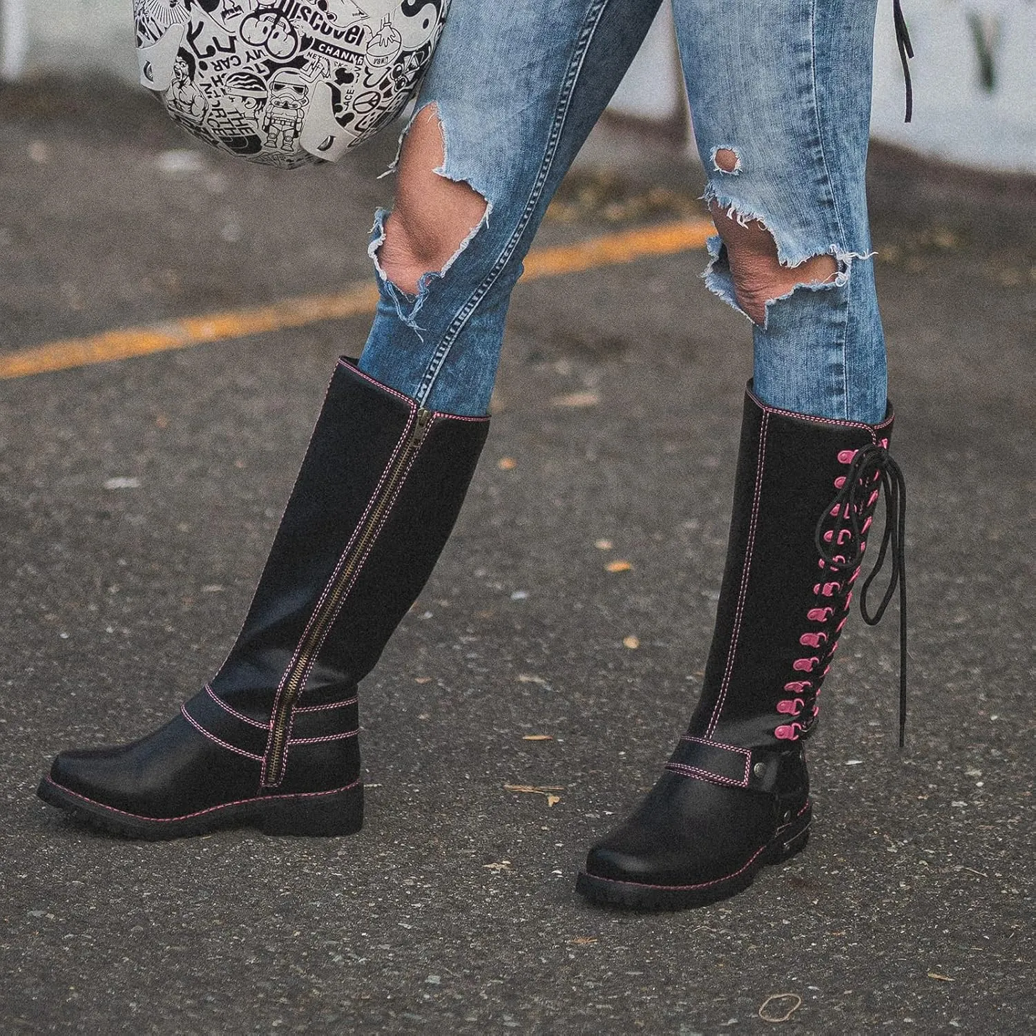 Dream Apparel Women's Harness Motorcycle Riding Boots Square Toe Biker Boots, Lace Up Knee High Boots with Side Zipper, Black PU Leather Boots Ladies