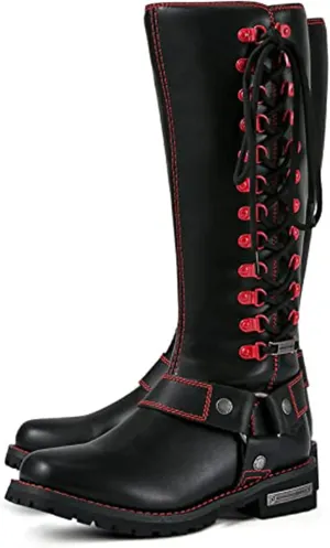 Dream Apparel Women's Harness Motorcycle Riding Boots Square Toe Biker Boots, Lace Up Knee High Boots with Side Zipper, Black PU Leather Boots Ladies