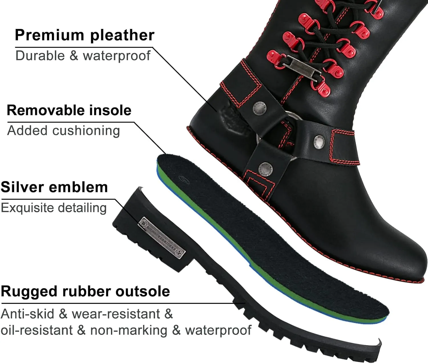 Dream Apparel Women's Harness Motorcycle Riding Boots Square Toe Biker Boots, Lace Up Knee High Boots with Side Zipper, Black PU Leather Boots Ladies