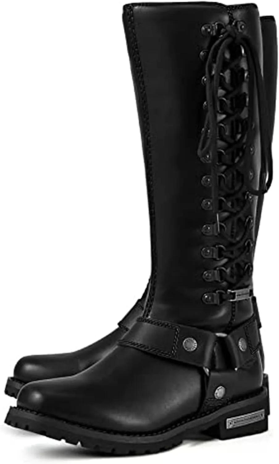 Dream Apparel Women's Harness Motorcycle Riding Boots Square Toe Biker Boots, Lace Up Knee High Boots with Side Zipper, Black PU Leather Boots Ladies