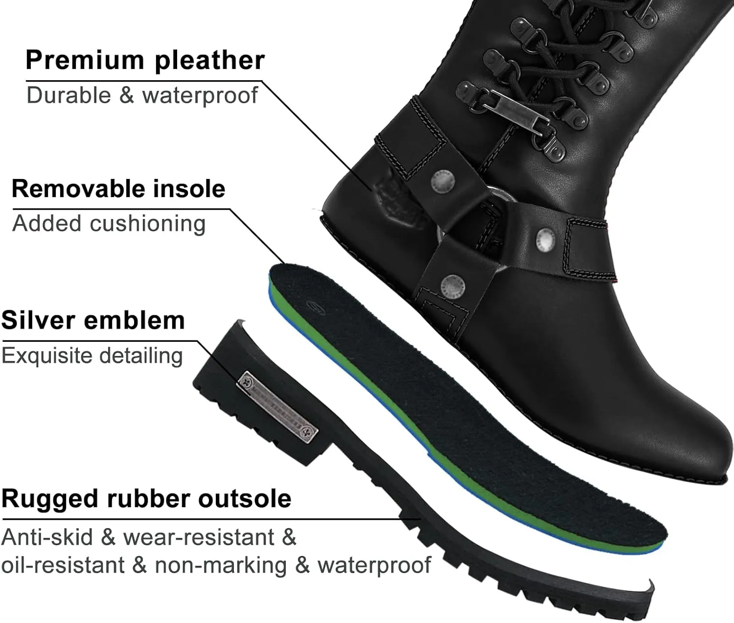 Dream Apparel Women's Harness Motorcycle Riding Boots Square Toe Biker Boots, Lace Up Knee High Boots with Side Zipper, Black PU Leather Boots Ladies
