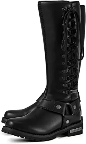 Dream Apparel Women's Harness Motorcycle Riding Boots Square Toe Biker Boots, Lace Up Knee High Boots with Side Zipper, Black PU Leather Boots Ladies