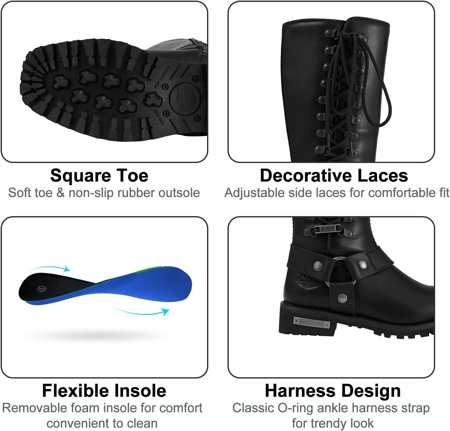 Dream Apparel Women's Harness Motorcycle Riding Boots Square Toe Biker Boots, Lace Up Knee High Boots with Side Zipper, Black PU Leather Boots Ladies