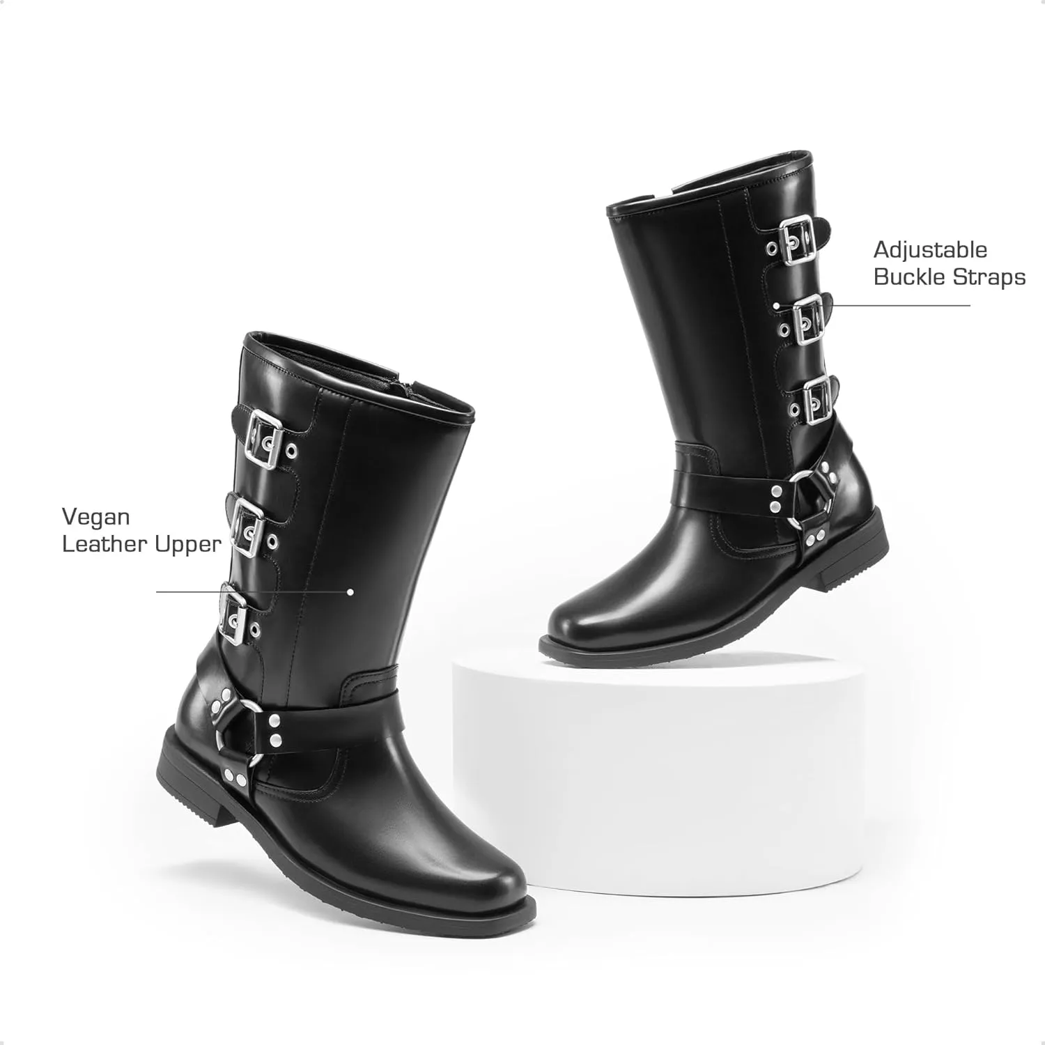 DREAM PAIRS Girls Boots Square Toe Knee High Motorcycle Booties with Buckles Riding Biker Boots Little Kid/Big Kid