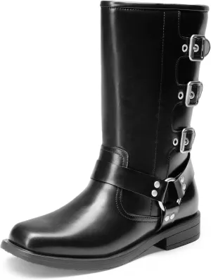 DREAM PAIRS Girls Boots Square Toe Knee High Motorcycle Booties with Buckles Riding Biker Boots Little Kid/Big Kid