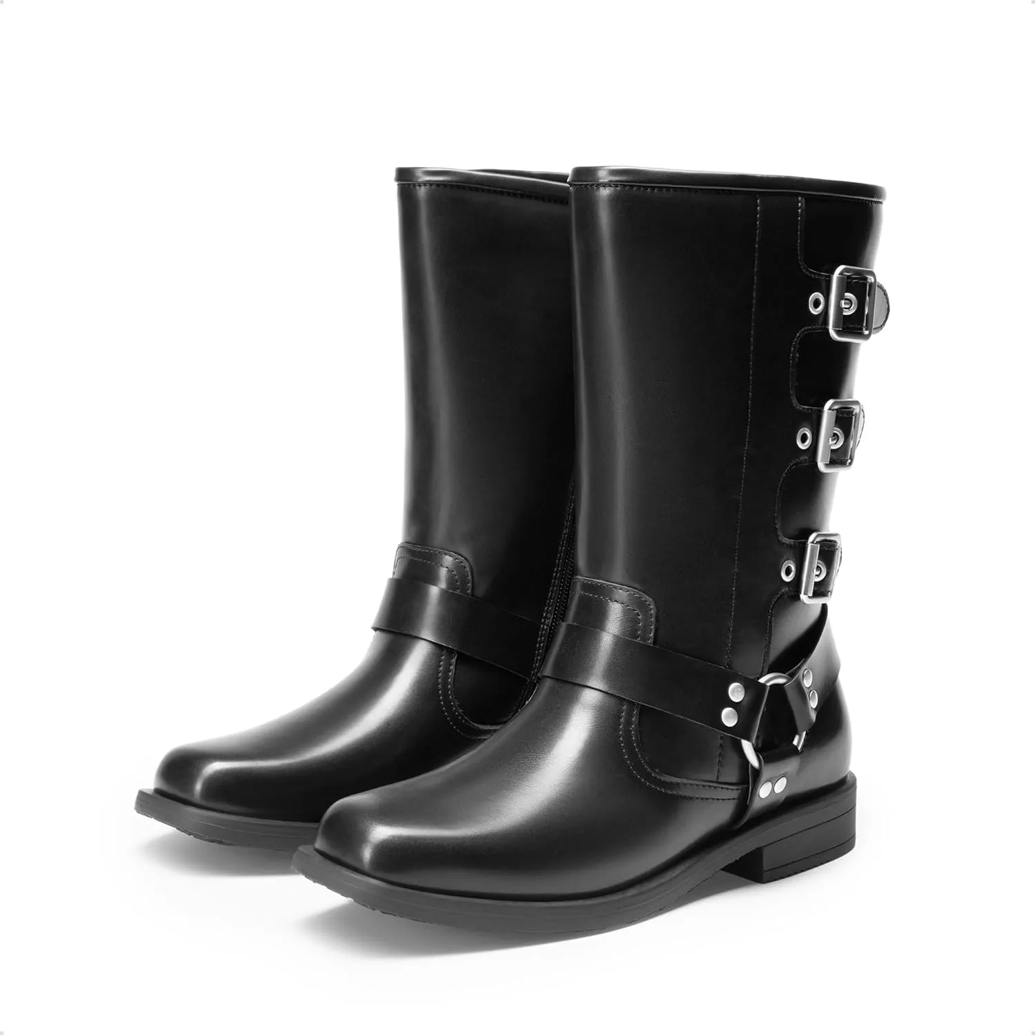 DREAM PAIRS Girls Boots Square Toe Knee High Motorcycle Booties with Buckles Riding Biker Boots Little Kid/Big Kid