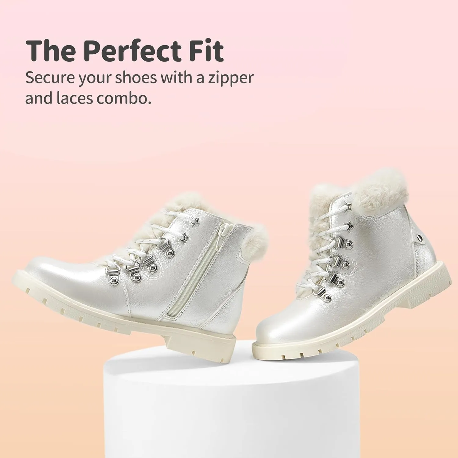 DREAM PAIRS Girls Kids Side Zipper Lace up Faux Fur Ankle Boots