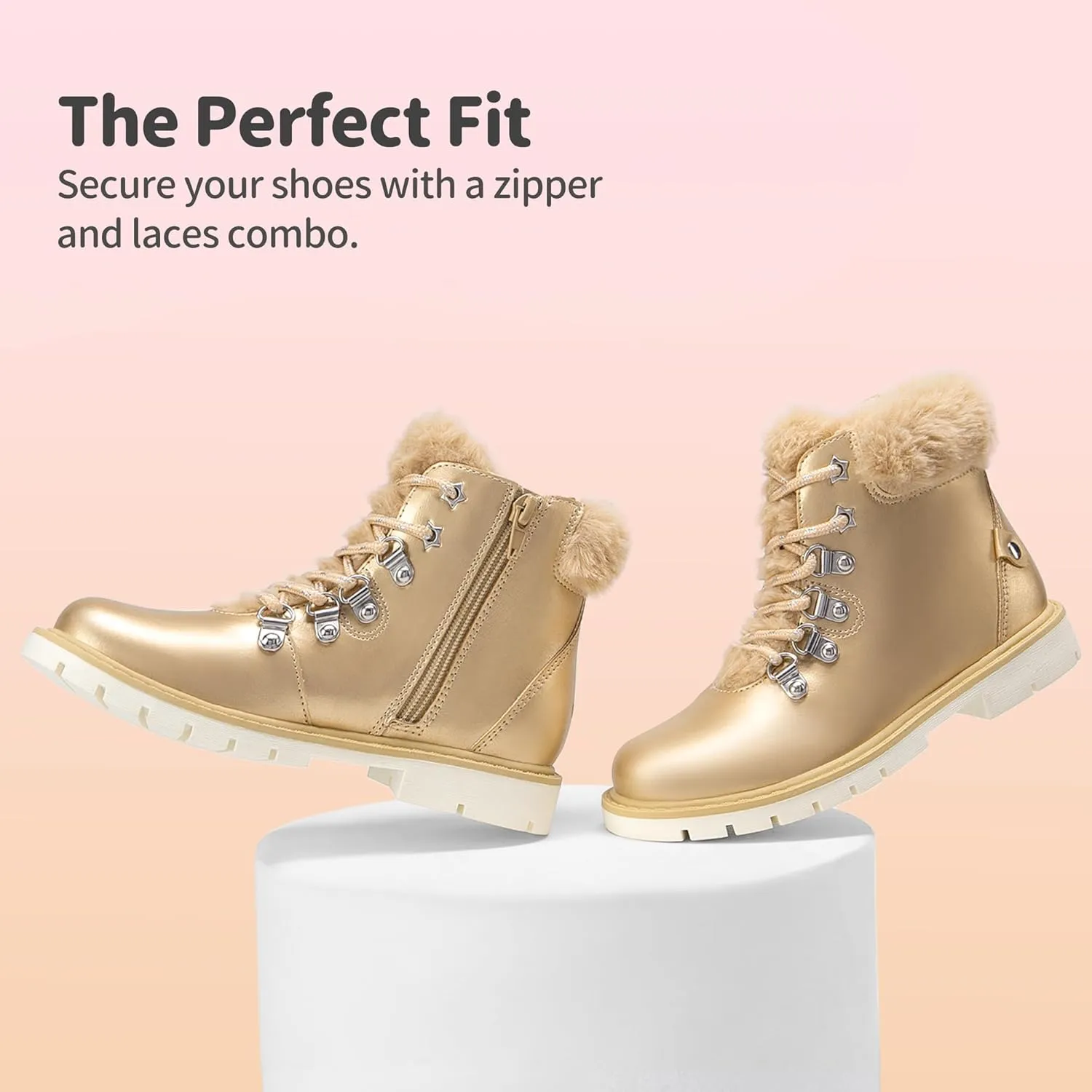 DREAM PAIRS Girls Kids Side Zipper Lace up Faux Fur Ankle Boots