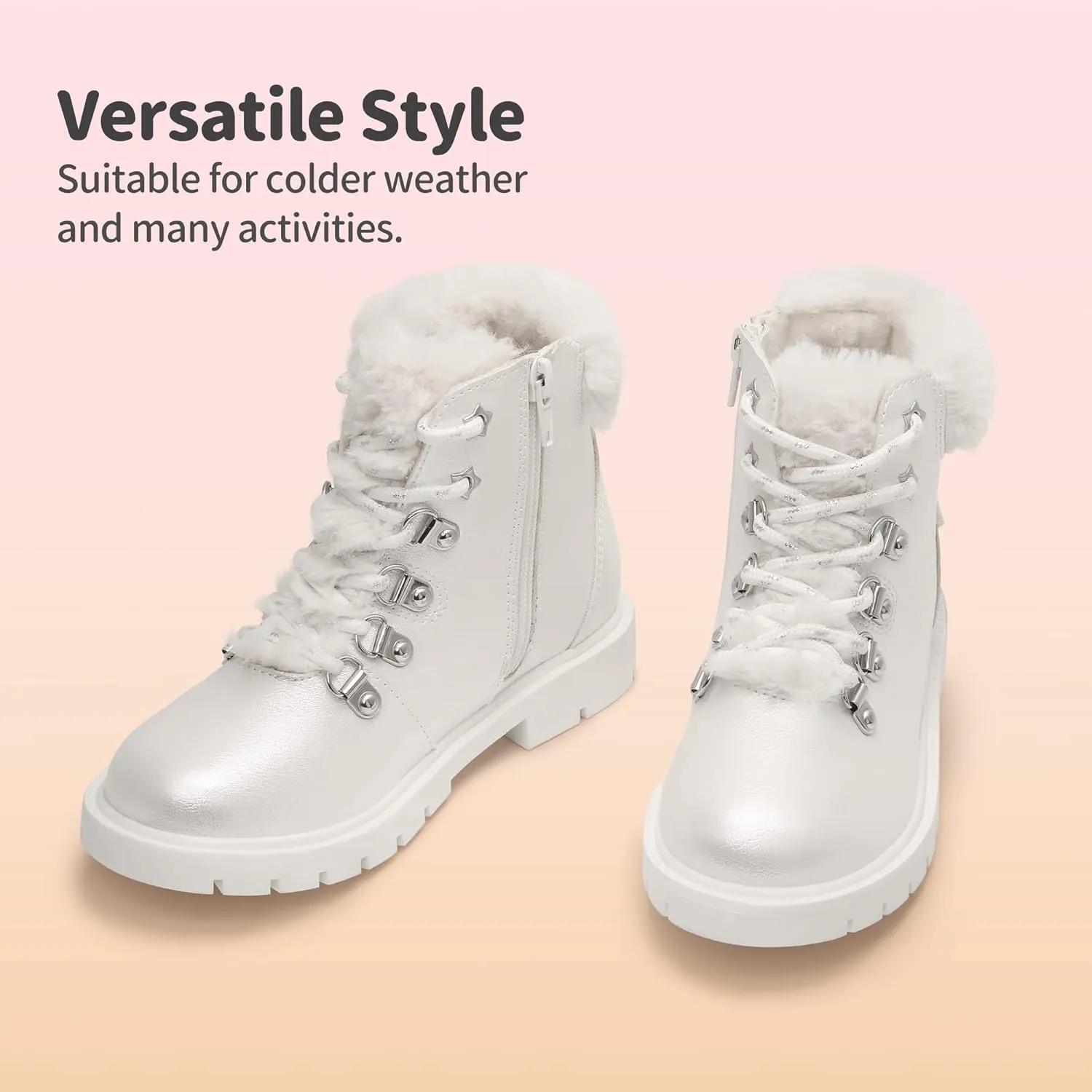 DREAM PAIRS Girls Kids Side Zipper Lace up Faux Fur Ankle Boots