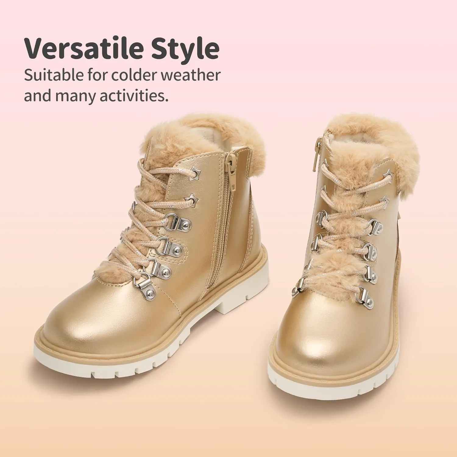 DREAM PAIRS Girls Kids Side Zipper Lace up Faux Fur Ankle Boots
