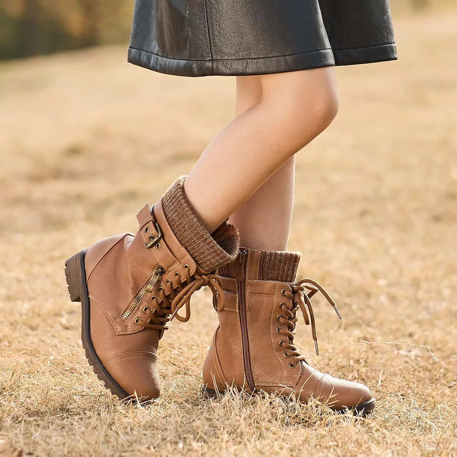 DREAM PAIRS Girl's Mid Calf Combat Ankle Lace up Boots